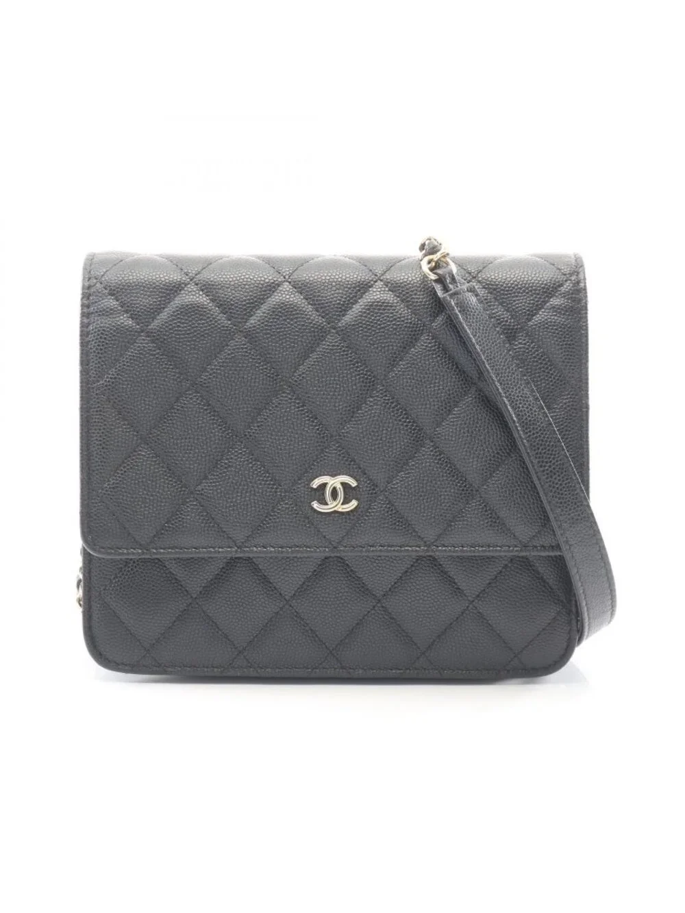 Chanel Shoulder Bag Quilted Black Caviar Leather Chain Wallet